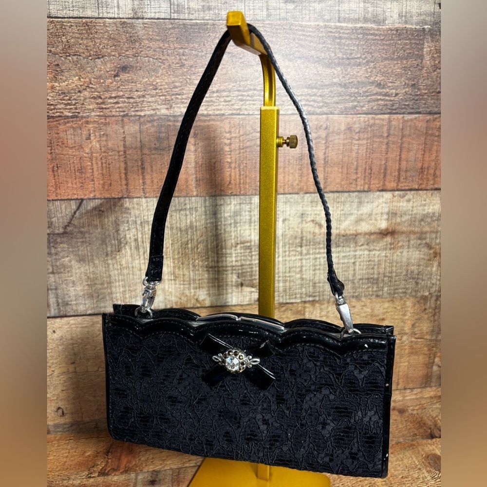 Brighton Lace & Patent Leather Mini Handbag Clutch Purse Kiss Lock Rhinestones